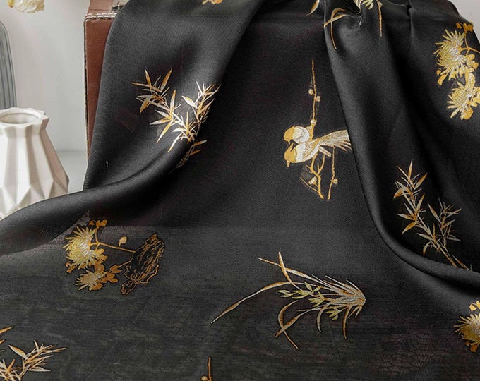 55"W Japanese style bird bamboo Jacquard fabric, skirt, dress, Evening Dress & Cheongsam, see-through Soft Creative Fabric