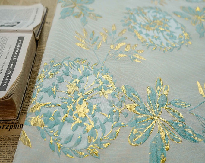 Aqua blue Jacquard Fabric 3D Gold thread Flower Design, 56" Wide, Upholstery, Decor, Costume, Curtain, Handbag, Sewing/Fabric by the meter