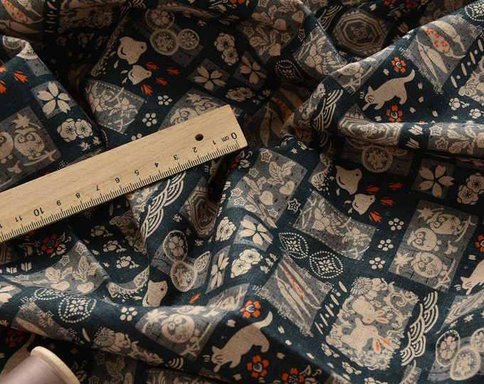 Japanese Print 100% Cotton linen Fabric Patchwork, Sewing Fabric for Dress, Kimono, home decor, Upholstery, Costume, handbag by 1 meter, 57"