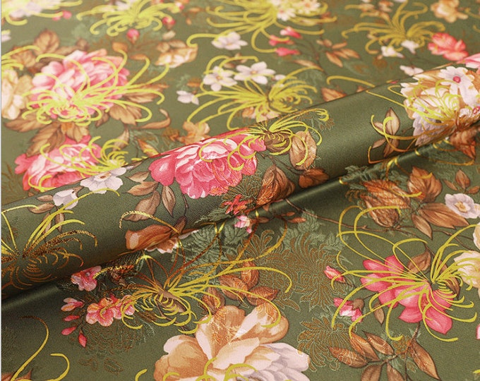 59"W Chinese Silk brocade woven damask fabric 9.99/meter, Upholstery, Quilting and Sewing fabric, Chrysanthemum flower pattern on SALE