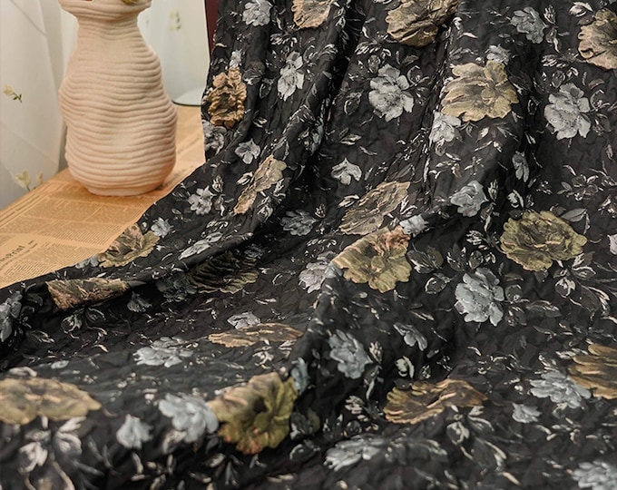 Black Jacquard fabric, Vintage 3D designer fabric, Prom, Sewing, drapery, Decor, Quilting, DIY, handbag, quilting fabric, 65"W By 1 Meter