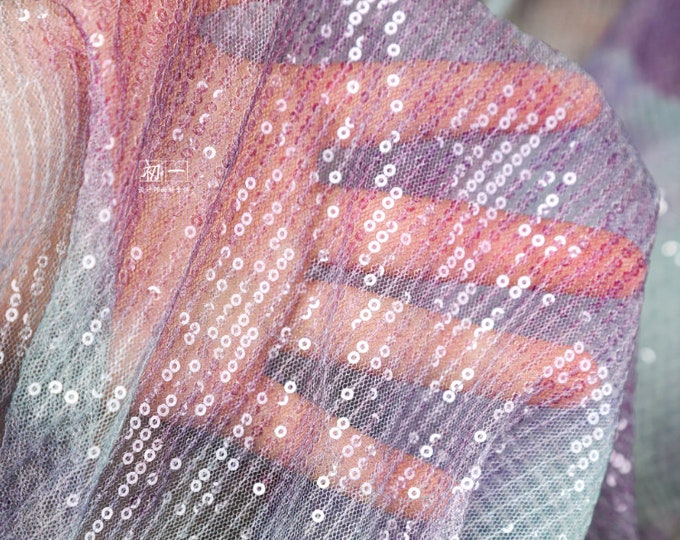 49“W lilac green Square Sequin Embroidered Scale Mesh Fabric, wedding, Designer Fabric, High Quality, Prom Dress, Doll Making, Sewing fabric