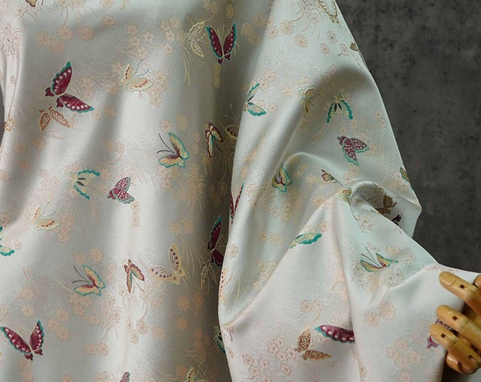 65”W Japanese Silk brocade Fabric, butterfly Jacquard damask Fabric, Upholstery, Decor, Costume, Curtain, bag, Sewing/Fabric by the meter