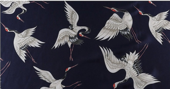 Crane Print Satin Rayon Fabric: Soft Bridal Fabric By The Meter