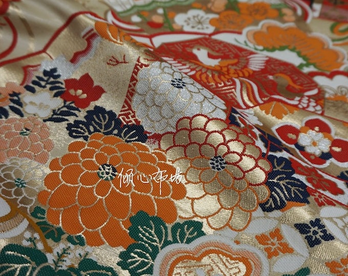 29.5" Width Nishijin Crane Japanese kinran Fabric, Modern gold Jacquard silk brocade damask by the meter, High-end high-precision brocade