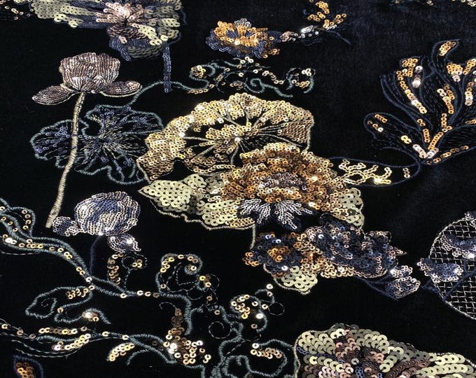 Vintage Sequined Velvet Fabric: Gold Metallic Embroidery, DIY Crafts (49" Wide)
