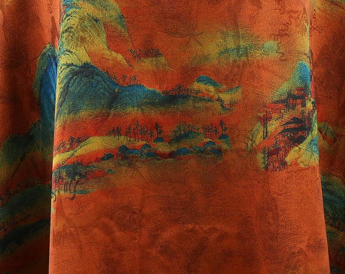 59"W Ancient mountain Tea silk satin fabric, Digital print, Upholstery, Decor, Costume, Curtain, bag, Sewing, drapery, cheongsam/Fabric