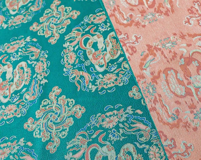59"W Song Brocade, Teal color rich precious square pattern, Emperor cheongsam, Tibetan, Upholstery, Decor, Sewing, DIY, drapery/Fabric