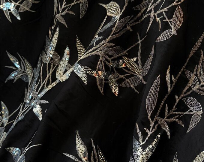 Sequin Beaded Embroidery Fabric – Bamboo Pattern, 55" Wide