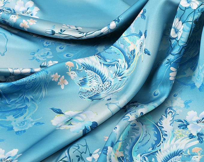 59"W Ancient Phoenix Tea silk satin fabric, Digital print, 5 colors, Upholstery, Decor, Costume, Curtain, bag, Sewing, drapery, DIY/Fabric