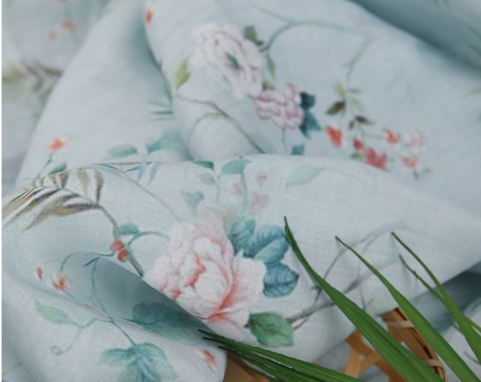 Light blue ink painting printed pure Ramie Fabric, 55“W, Upholstery, Decor, Costume, Curtain, Handbag, Sewing, Scarf/Fabric by the meter