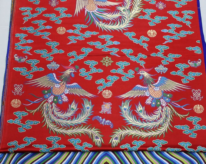 Chinese Emperor Queen Wedding Cheongsam Fabric, Embroidery Double Phoenix pattern, Silk brocade 27.5"W, 59"L/pattern
