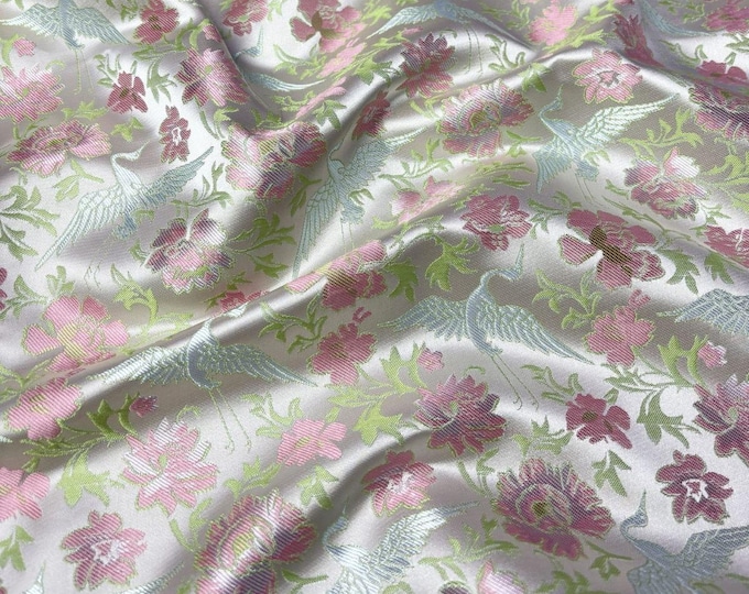 Shiny 57"W Flower and Cranes Jacquard Satin Fabric, Brocade Fabrics By The Meters, Handbag Antique Cheongsam, Sewing, home decor, DIY Fabric
