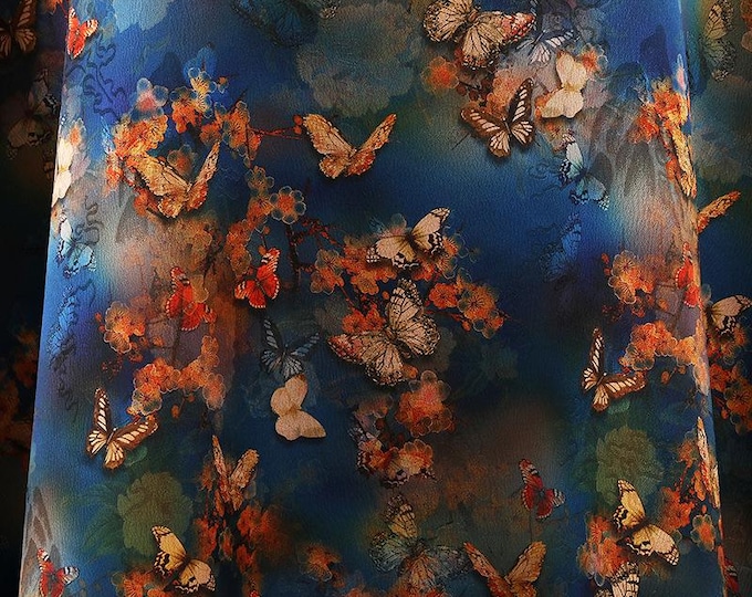 59"W Ancient butterfly Tea silk satin fabric, Digital print, 2 colors, Upholstery, Decor, Costume, Curtain, bag, Sewing, drapery, DIY/Fabric