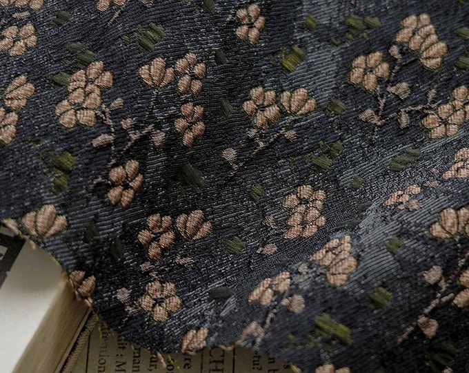 Vintage Jacquard Fabric with Black Base and Small Floral Pattern – Textured Brocade Cheongsam Material, 53"Wide