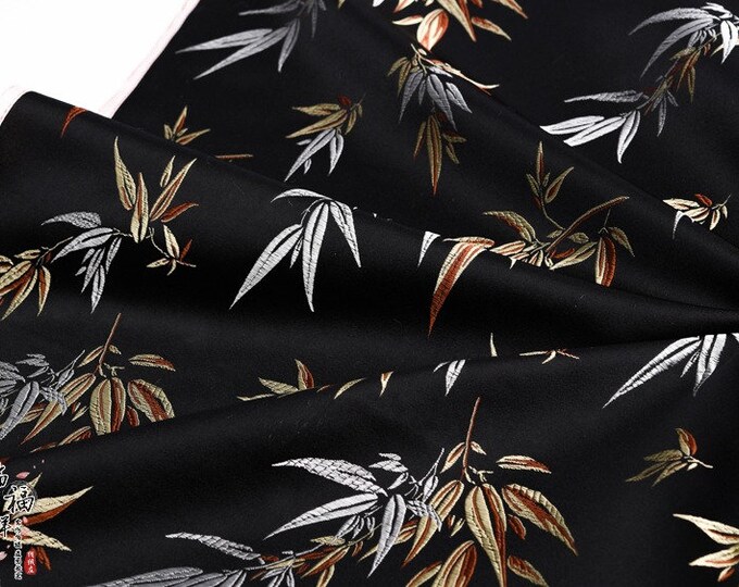 Black Chinese Bamboo Leaves Silk Brocade Fabric, Upholstery, Decor, Costume, Curtain, Handbag, Sewing, drapery, Quilting/Fabric by the meter