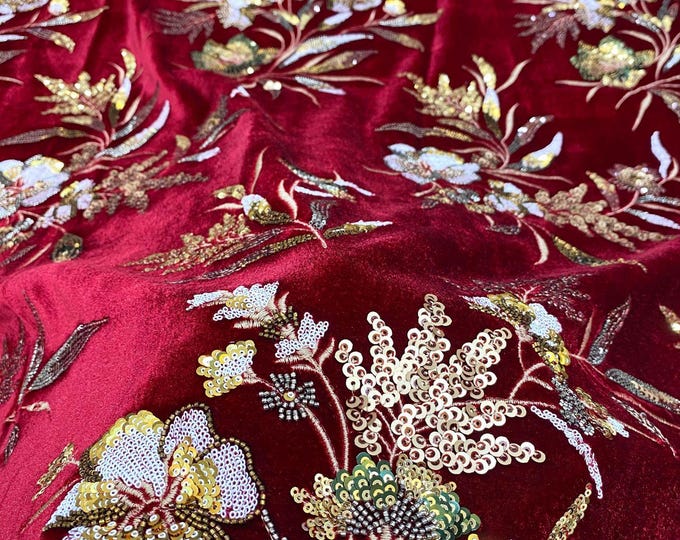 Sequin Embroidered Velvet Fabric – Floral Design, 49" Wide