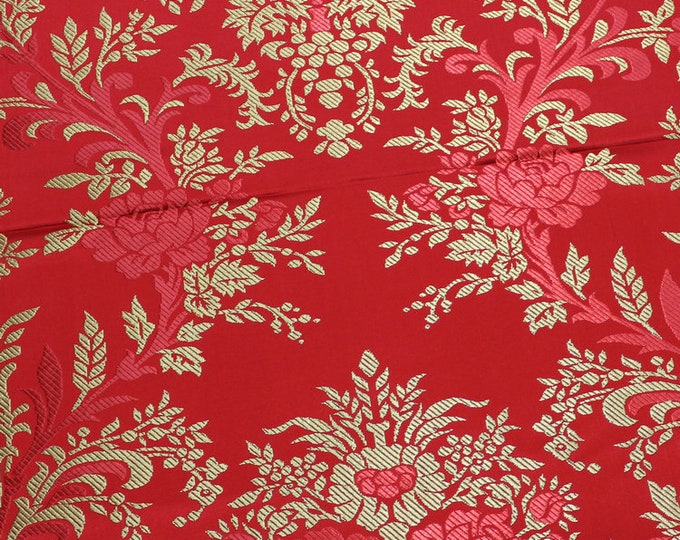29.5"W Red and Gold Silk Brocade Fabric Peony Flower Design, Wedding Fabric, Upholstery, Decor, Costume, Handbag, Sewing/Fabric by the meter