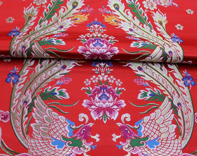 Birds pay homage to the king Silk brocade, China Red Fabric, Traditional Wedding Gown Fabric,Double phoenix by the Meter