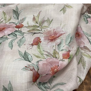 Pittura a inchiostro di peonia cinese stampata puro tessuto Ramie, 55"W, tappezzeria, arredamento, costume, tenda, borsa, cucito, sciarpa/tessuto al metro