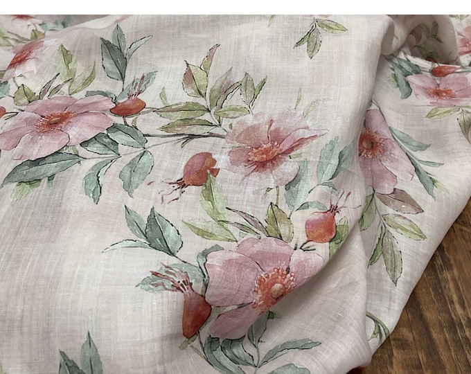 Chinese Peony ink painting printed pure Ramie Fabric, 55“W, Upholstery, Decor, Costume, Curtain, Handbag, Sewing, Scarf/Fabric by the meter