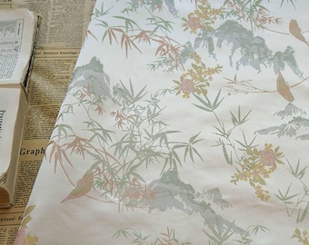 Ancient bamboo leaf Chinese style Fabric, Japanese bird butterfly silk brocade by the meter, 59“W, Upholstery, Decor, Costume/by the meter
