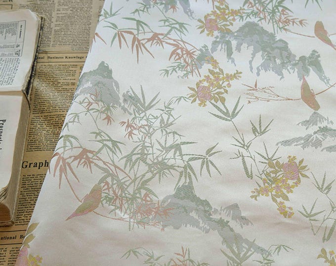 Ancient bamboo leaf Chinese style Fabric, Japanese bird butterfly silk brocade by the meter, 59“W, Upholstery, Decor, Costume/by the meter