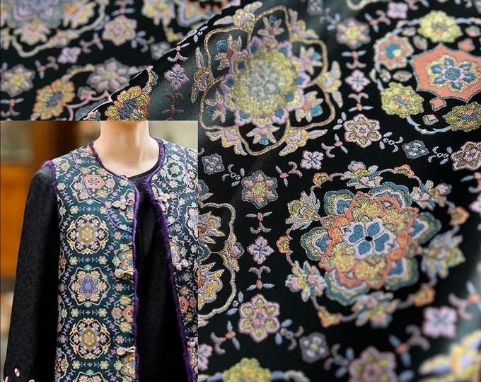 56"W Dunhuang Black Baoxiang Brocade, Tibetan robe, cheongsam, Upholstery, Decor, Costume, Curtain, bag, Sewing, drapery/Fabric by the meter
