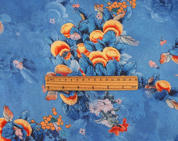 59"W Peacock blue Tea silk satin fabric, Digital print, 3 colors, Sewing fabric, Upholstery, Decor, Costume, Curtain, Handbag, Sewing/Fabric