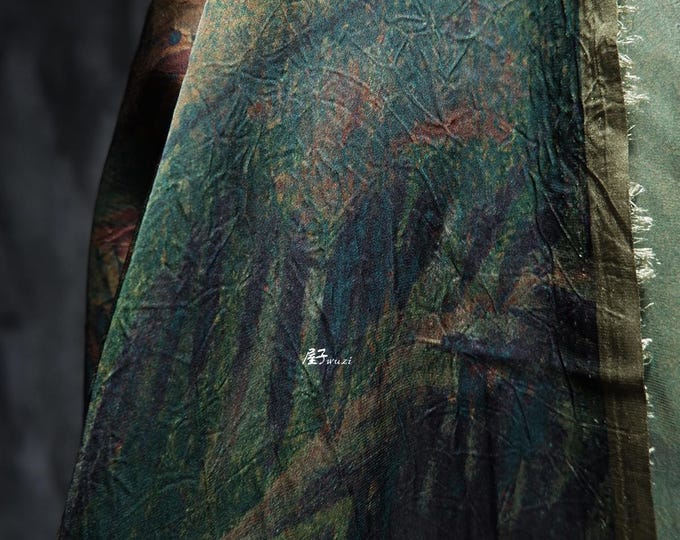 55"W dark green silk satin fabric, multi colored dunhuang pattern, LIGHTWEIGHT Sewing fabric, Upholstery, Decor, Costume/ by the yard