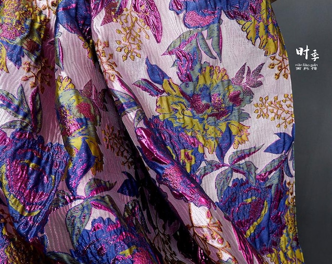 Gold thread jacquard fabric, purple blue 3D designer fabric, Upholstery, Prom dress, Decor, Costume & Sewing fabric, 55"W By 1 Meter on SALE