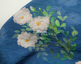 Blue Floral Silky Hemp Tencel Linen Fabric: Sewing & Crafts