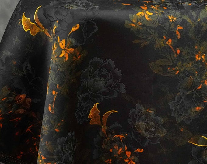 55"W Ancient flower Tea silk satin fabric, Digital print, Sewing fabric, Upholstery, Decor, Costume, Curtain, bag, Sewing, DIY/Fabric