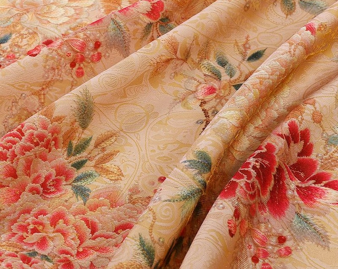 Peony Brocade Jacquard Fabric: Light Apricot Satin Tea Silk (59" Wide)