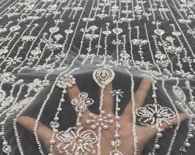 Lace fabric 3D beaded sequin fabric– Bridal Wedding Veil, accessory patch, wedding dress, headwear, shoes, Doll making, DIY fabric accessory