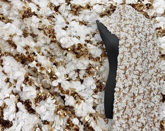 Gold Sequin Lace Fabric | Cream Embroidered Tulle, Bridal Dress, 51" W