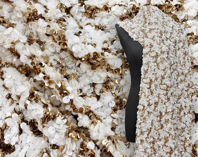 Gold Sequin Lace Fabric | Cream Embroidered Tulle, Bridal Dress, 51" W