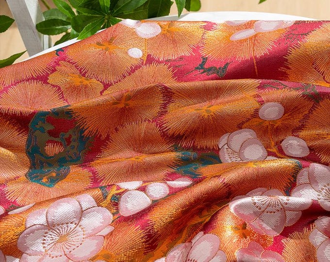 Nishijin Crane Sakura Fabric: Gold Jacquard Silk Brocade, 59" Wide