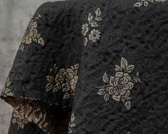 Embossed Jacquard Fabric: Black with Brown Floral Design, 59" Wide