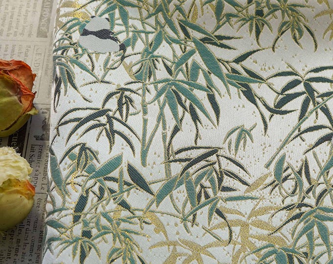 Panda Bamboo Leaf Double-Sided Jacquard Fabric with Gold Threads, 60"Wide