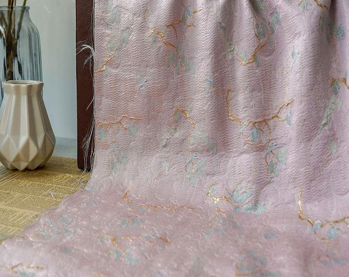 PINK gold & green jacquard fabric, 3D fabric, designer fabric, 57"W, Upholstery, Decor, Costume, Curtain, Handbag, Sewing/Fabric by 1 meter