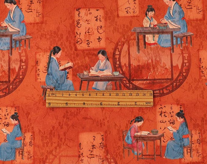 59"W Ancient ladies Tea silk satin fabric, Digital print, 3 colors, Sewing fabric, Upholstery, Decor, Costume, Curtain, bag, Sewing/Fabric