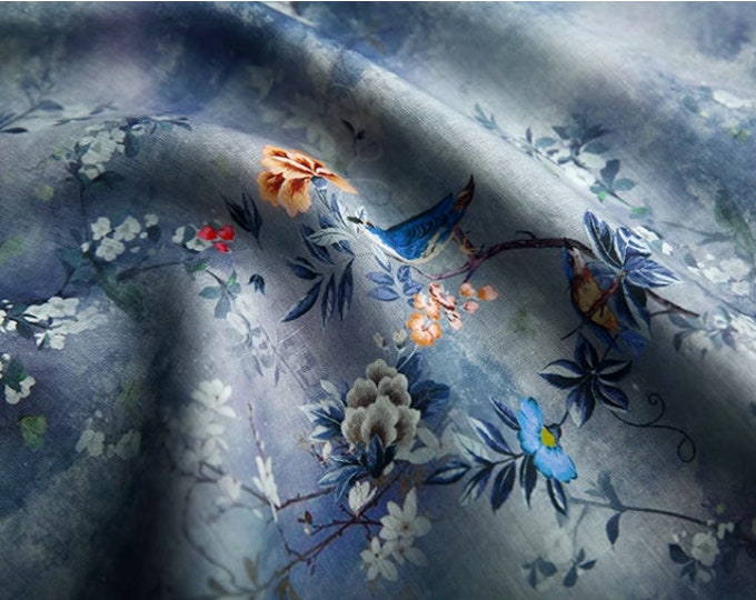 100% Ramie Fabric flowers and birds For Clothing & Home Textile, 55“W, Upholstery, Costume, Curtain, bag, Sewing, Scarf, Sustainable/Fabric