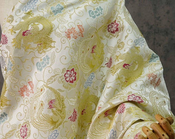 Chinese Beige Emperor Cheongsam robe Fabric, Embroidery Dragon pattern, Tapestry Satin Jacquard Silk Brocade 65"W, Chinese wedding fabric
