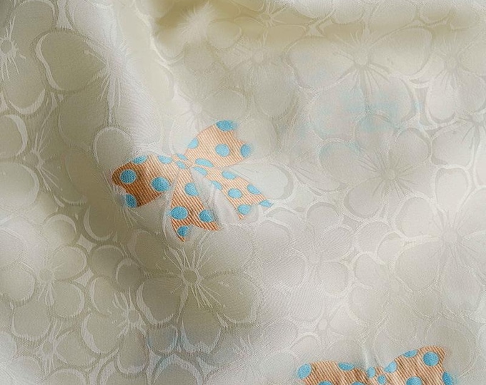 Ivory satin Jacquard Fabric, 65“W bow-knot pattern, Silky smooth texture, Upholstery, Decor, Costume, Curtain, Sewing/Fabric by the meter