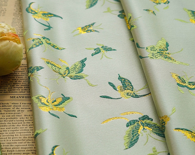 59"W light green butterfly Brocade, Tibetan robe, cheongsam, Upholstery, Decor, Costume, Curtain, bag, Sewing, drapery /Fabric by the meter