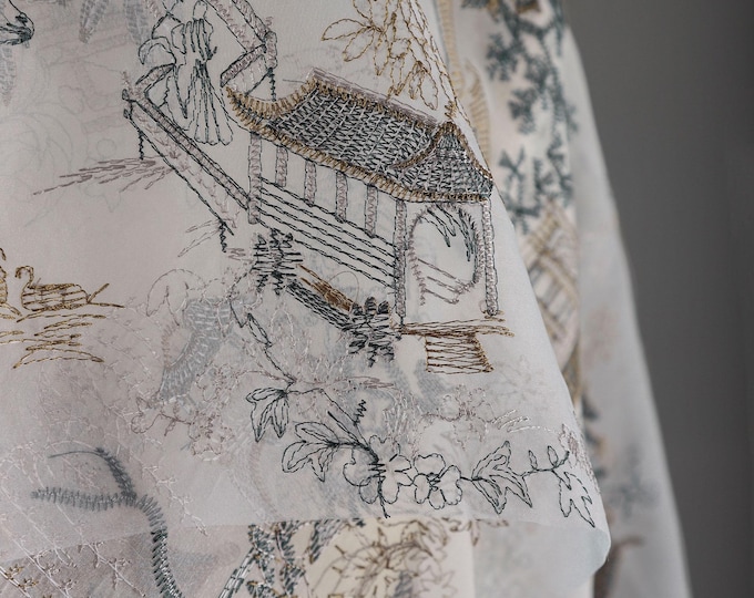 55“W Gold thread jacquard embroidery gauze fabric, 3D chiffon, curtain, dress, Doll Making, Upholstery, Decor, Costume/Fabric by the meter