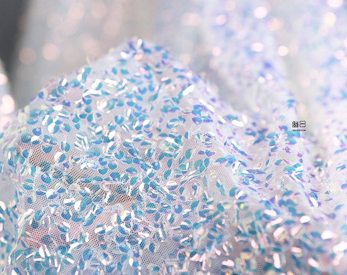 50“W Hand-stitched small glitter sequins Symphony mesh fabric, Designer Fabric, High Quality, Prom Dress, Doll Making, Sewing fabric