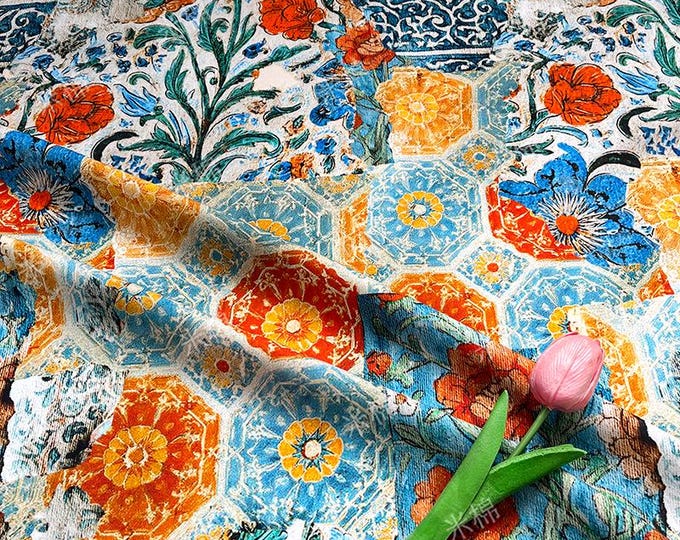 Persian Floral Cotton Fabric: Enamel Style Print, Quilting & Dressmaking, 55" Wide