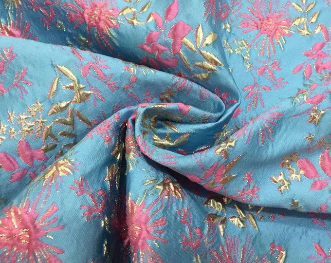 59"W Gold Thread Teal color metallic 3D style jacquard fabric, Upholstery, Decor, Costume, Curtain, Handbag, Sewing/Fabric by the meter